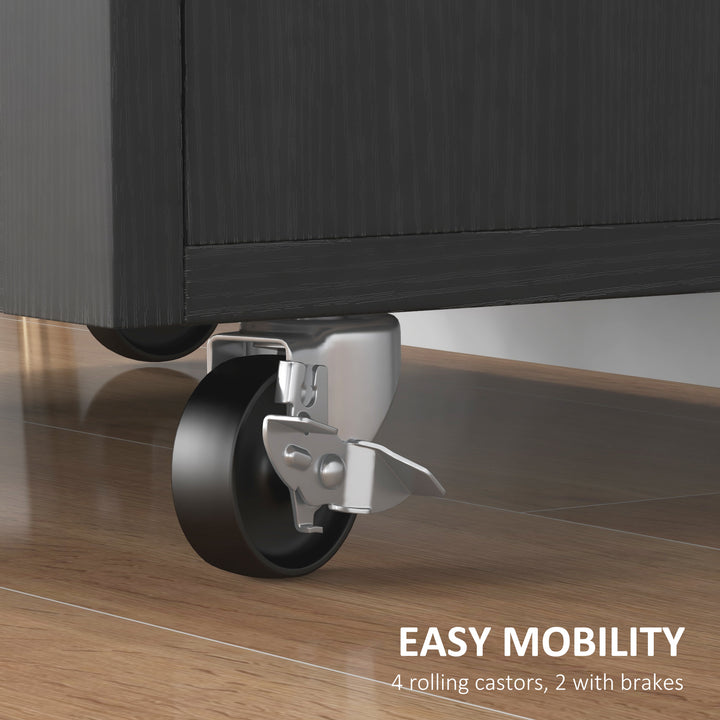 HOMCOM Modern Rolling Kitchen Island Cart with Drawer, Natural Wood Top, Towel Rack, Door Storage Cabinet, Distressed Black