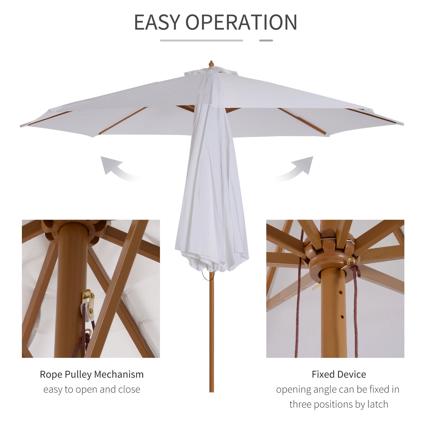 Outsunny 10' x 8' Bamboo Wooden Round Market Patio Sun Umbrella Garden Parasol Outdoor Sunshade Canopy, White