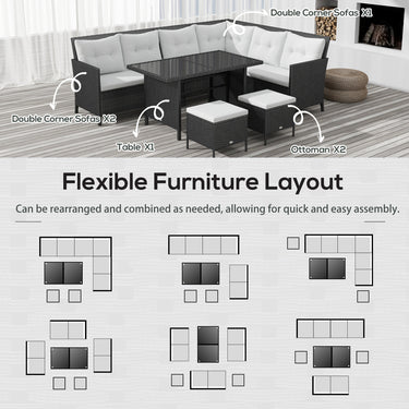 Outsunny 6pcs Outdoor Rattan Sofa Set Garden Wicker Sectional Couch Furniture Set with Dining Table and Chair White