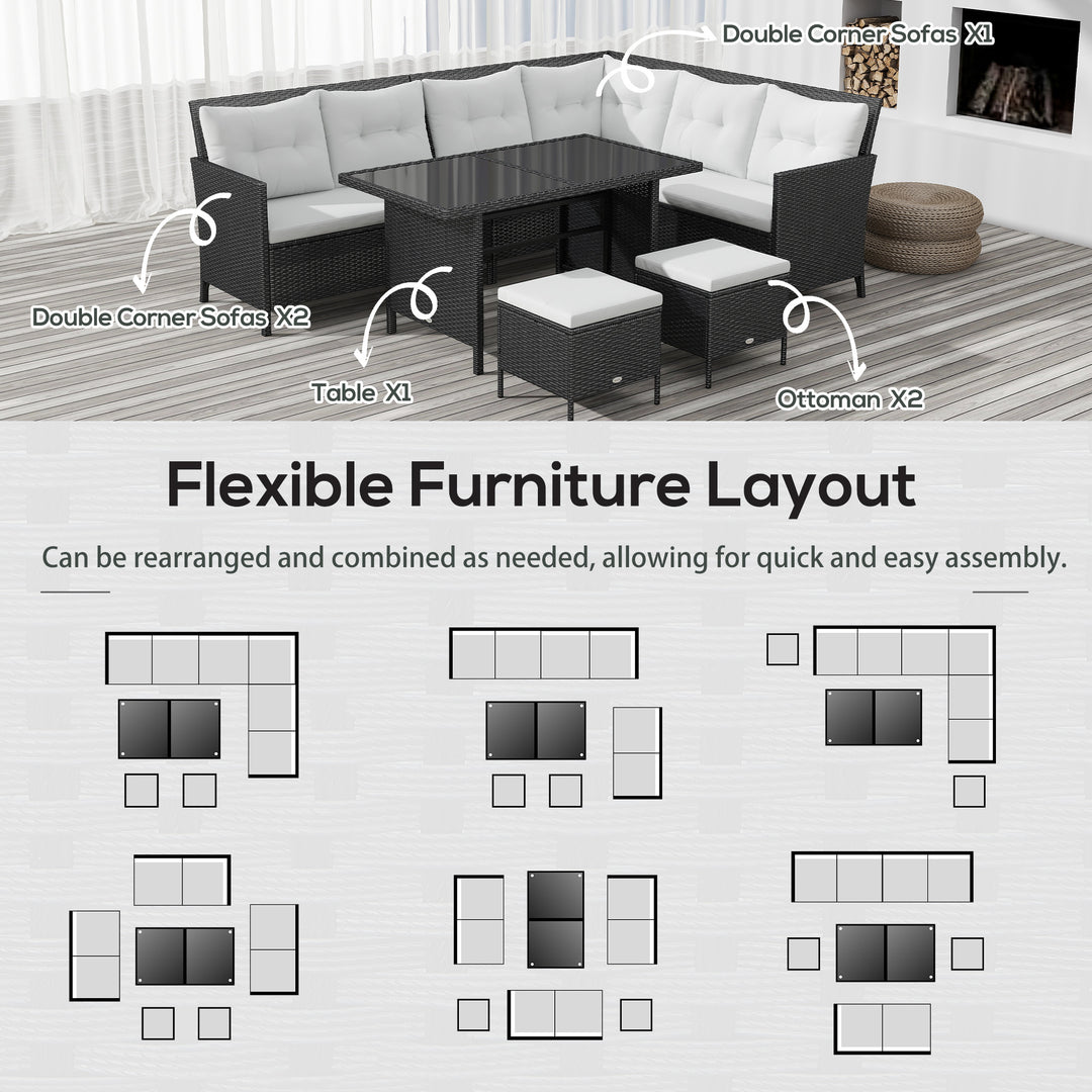 Outsunny 6pcs Outdoor Rattan Sofa Set Garden Wicker Sectional Couch Furniture Set with Dining Table and Chair White