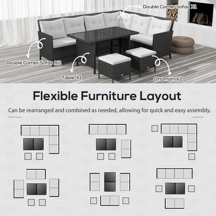 Outsunny 6pcs Outdoor Rattan Sofa Set Garden Wicker Sectional Couch Furniture Set with Dining Table and Chair White