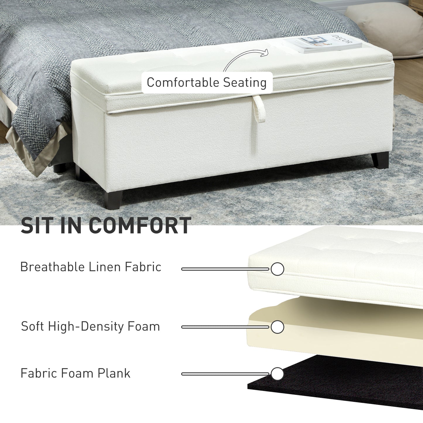 HOMCOM Storage Ottoman Bench, Foot Rest with Safety Hinges, 47 Inches Linen Storage Chest for Living Room, Dark Grey
