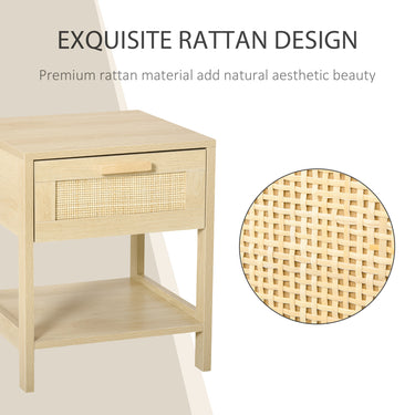 HOMCOM Narrow Nightstand with Rattan Elements, Bedside Table with Drawer and Storage Shelf for Bedroom, Natural