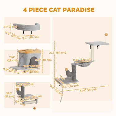 PawHut Cat Wall Shelves, 4 Pcs Cat Wall Furniture Set with Scratching Posts, Condo, Hammock, Perchs, Light Grey