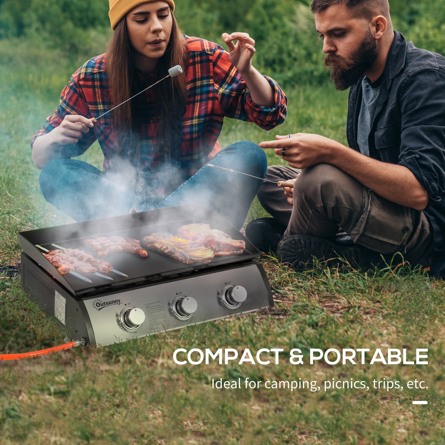 Outsunny 3 Burner Liquefied Gas Grill, Portable Tabletop BBQ Grill, for Camping, Picnic, Silver