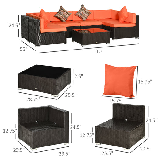 Outsunny 7pcs Garden Wicker Sectional Set w/ Tea Table Patio Rattan Lounge Sofa with Cushion for Outdoor Deck Orange