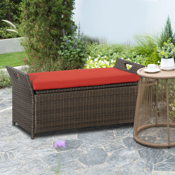 Outsunny 2-In-1 Outdoor PE Rattan Storage Bench, 29 Gallon Patio Wicker Furniture, Basket Box with Handles and Cushion Red