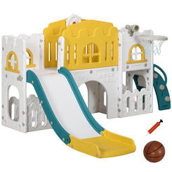 Qaba 7 in 1 Toddler Slide with Basketball Hoop, Climber, Telescope, Tunnel, Steering Wheel, for 1-3 Years, Yellow