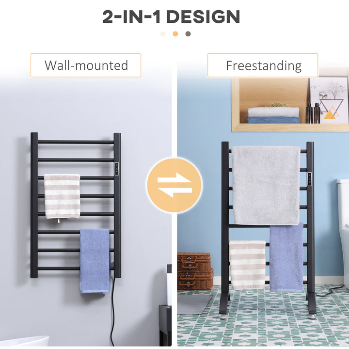 HOMCOM 8-Bar Heated Towel Warmer Rack with Built-in Timer and LED Indicators, Wall Mounted & Free Standing Carbon Steel Electric Towel Bar with Adjustable Temperature, White