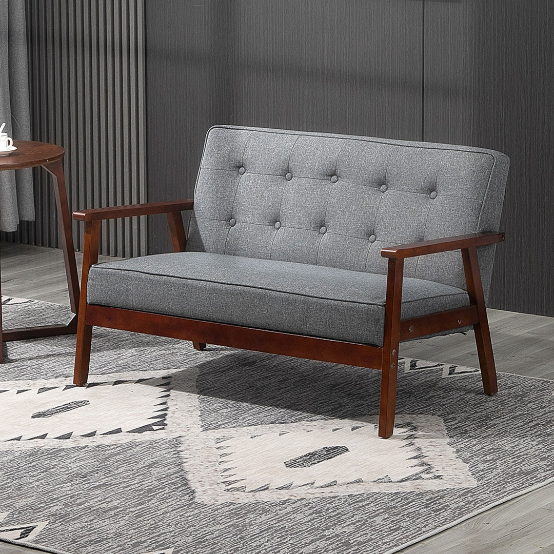 HOMCOM 44.5" 2 Seat Sofa for Bedroom, Modern Upholstered Loveseat with Button Tufted Back and Wood Legs, Grey