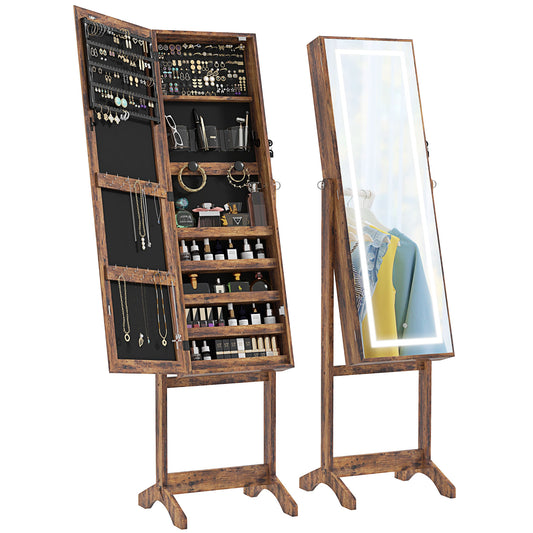 HOMCOM Lockable Jewelry Armoire with LED Light, Standing Mirror with Storage for Bedroom Dressing Room, Rustic Brown