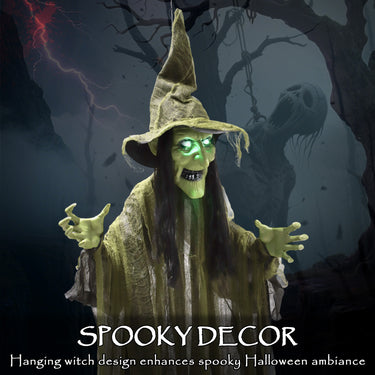 Outsunny Animatronics Hanging Witch, Voice-Activated Prop, Flashing Eyes & Wicked Laughter, Scary Halloween Decoration, Green