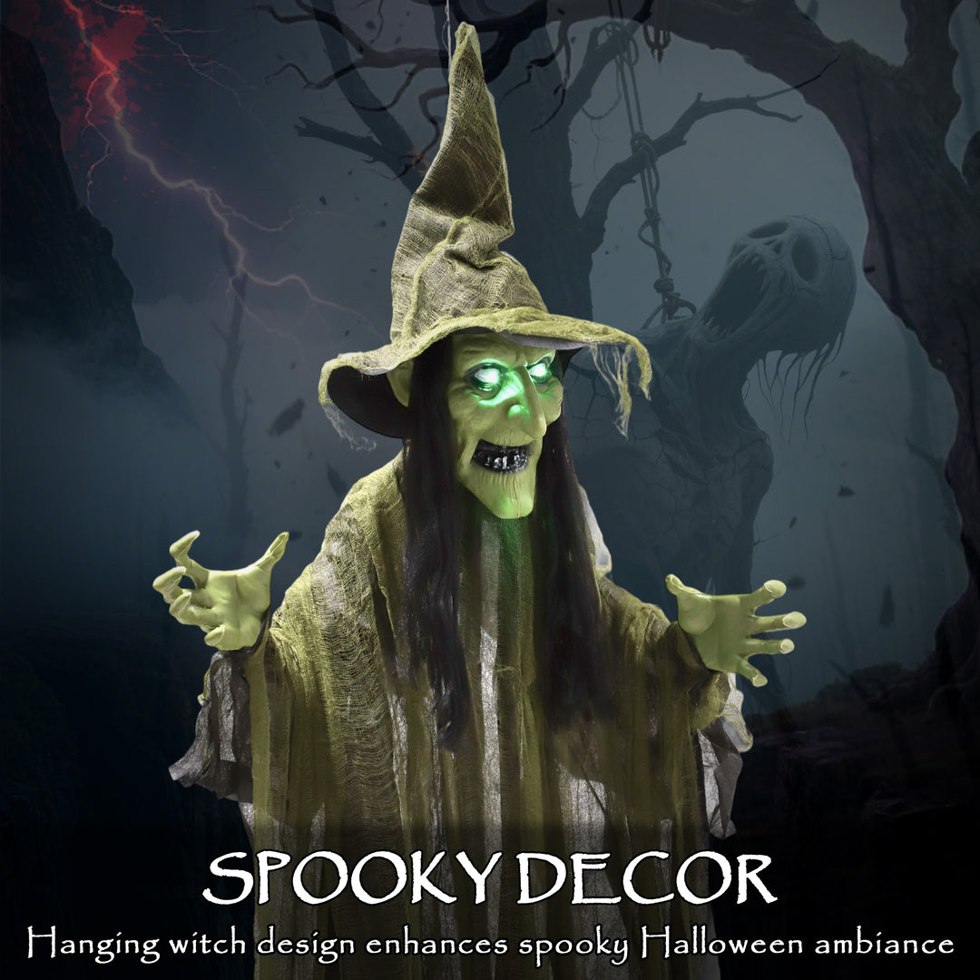 Outsunny Animatronics Hanging Witch, Voice-Activated Prop, Flashing Eyes & Wicked Laughter, Scary Halloween Decoration, Green