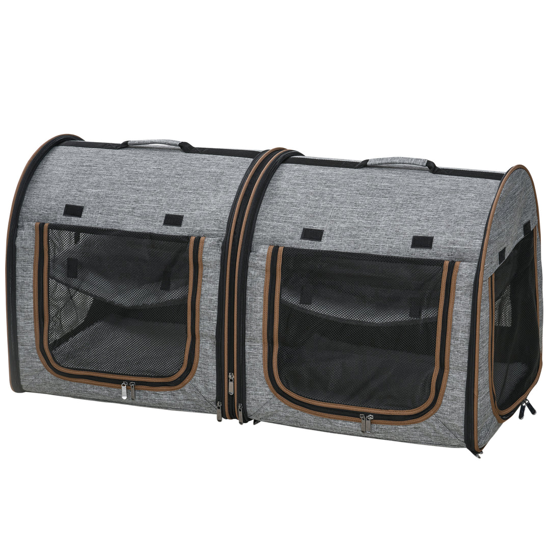 PawHut 39" Travel Pet Carrier, Portable Soft-Sided Cat Carrier with Divider, Two Compartments, Cushions, & Storage Bag, Grey