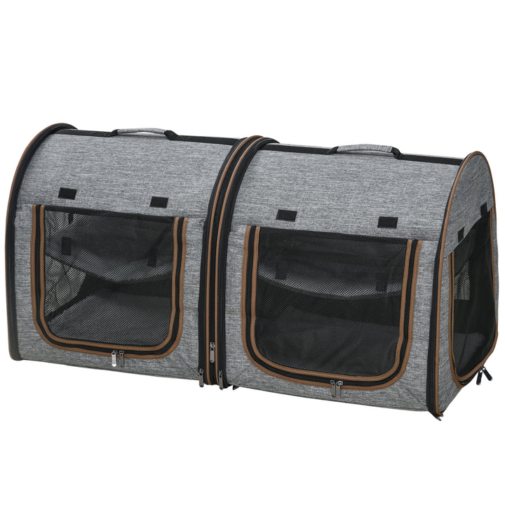 PawHut 39" Travel Pet Carrier, Portable Soft-Sided Cat Carrier with Divider, Two Compartments, Cushions, & Storage Bag, Grey
