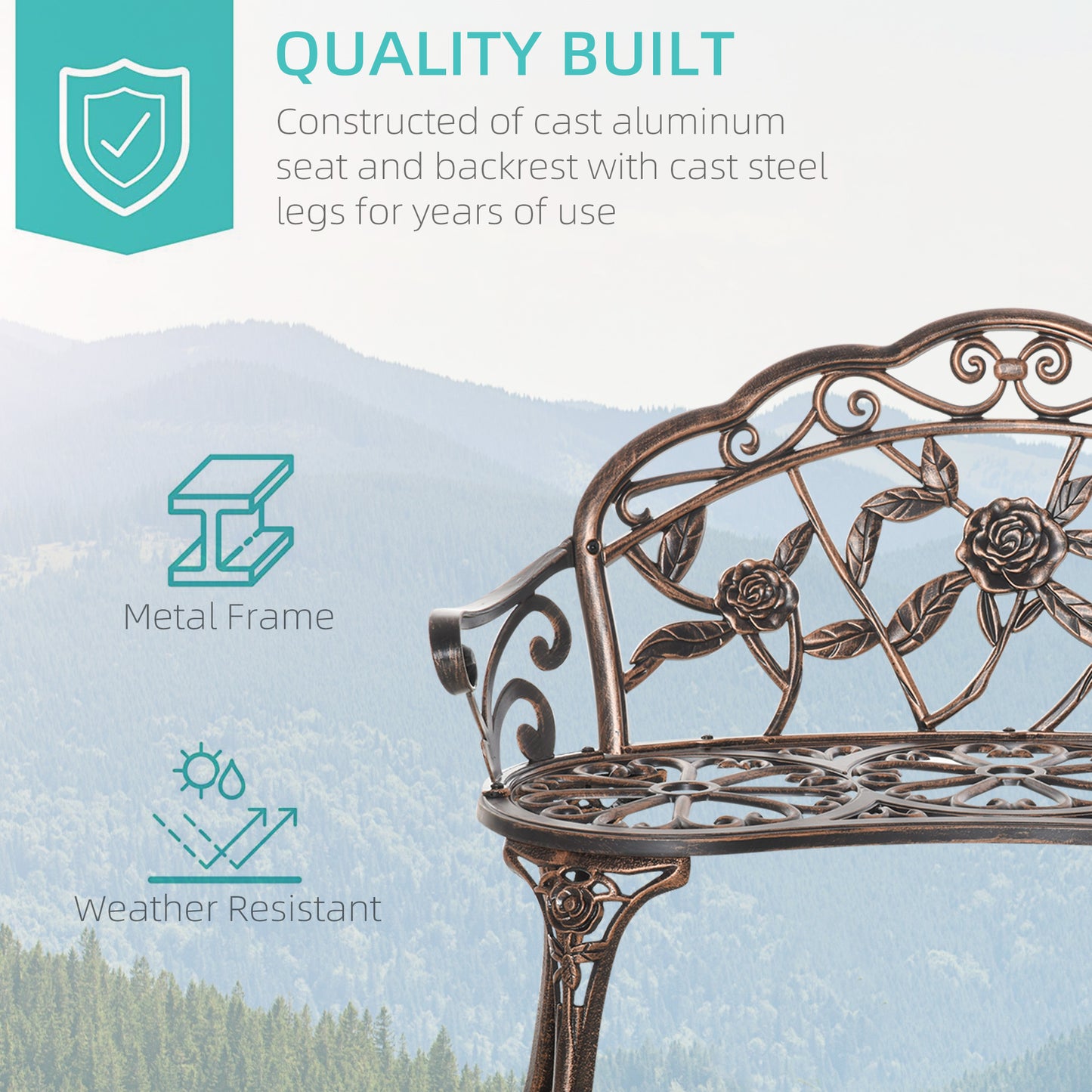 Outsunny 40" Outdoor Garden Bench, Cast Aluminum Antique Rose Style Patio Garden Park Loveseat Bench for Backyard, Porch, Balcony, Lawn, Bronze