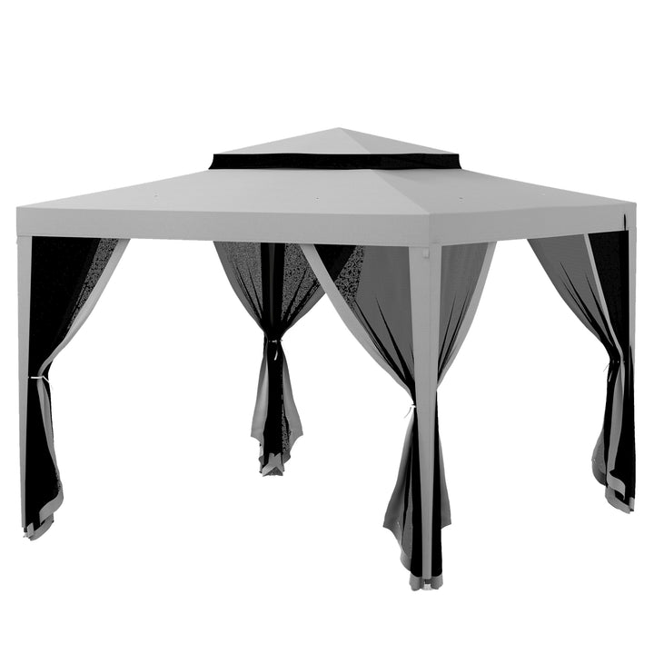 Outsunny 10' x 10' Outdoor Canopy Tent Party Tent with Mesh Netting and Double Tier Roof for Backyard, Garden, Patio, Light Grey