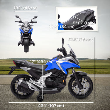 Qaba Honda Licensed 12V Ride on Motorbike for Kids with Headlights Music Training Wheels, for 3-6 Years, Blue