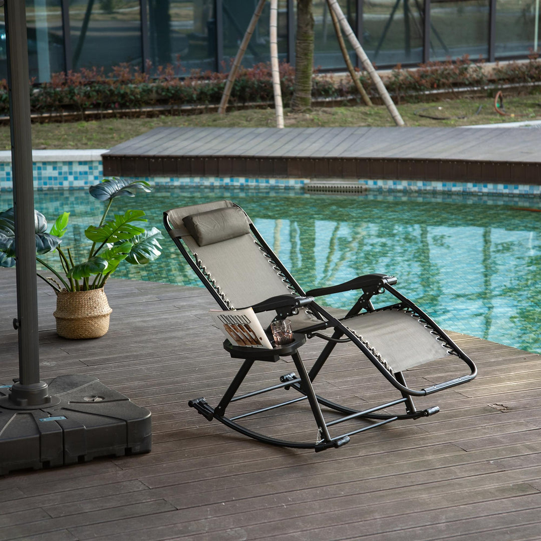Outsunny 2 in 1 Adjustable Zero Gravity Reclining Lounge Chair Garden Recliner and Rocker Foldable Sun Lounger Napping Seat w/ Headrest & Tray Grey