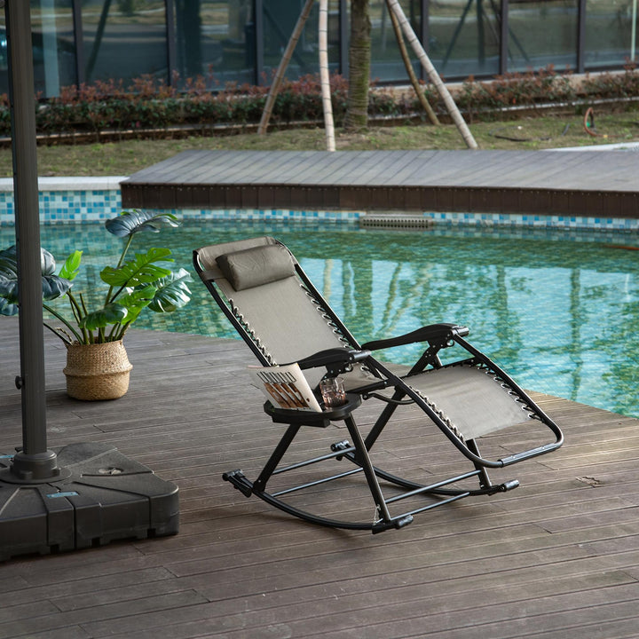 Outsunny 2 in 1 Adjustable Zero Gravity Reclining Lounge Chair Garden Recliner and Rocker Foldable Sun Lounger Napping Seat w/ Headrest & Tray Grey