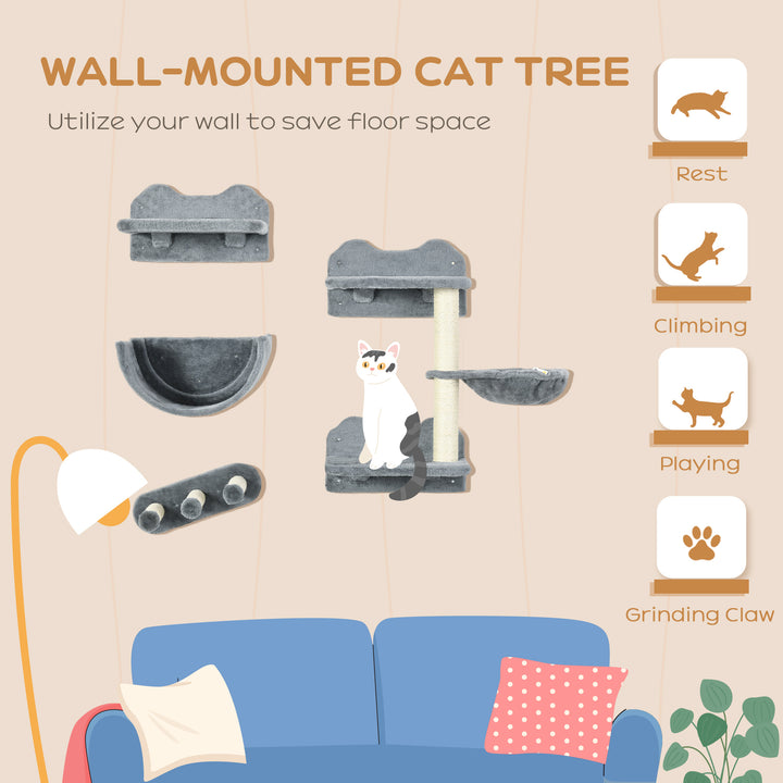 PawHut Cat Wall Shelves, 3PCs Cat Shelves with Hammock, Scratching Post, 3 Steps, Jumping Platforms, Wall Mounted Cat Climber, Beige