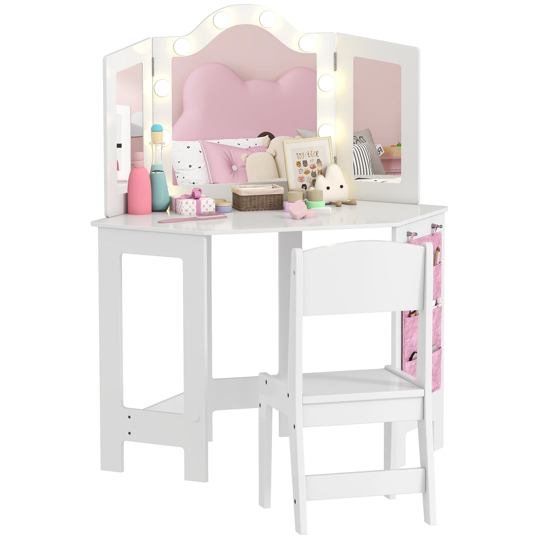 Qaba Kids Vanity Table and Chair Set with Lights, Makeup Dressing Table with Tri-Fold Mirror for Ages 3-8 Years, White