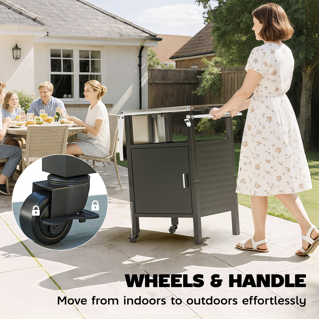 Outsunny Outdoor Grill Dining Cart with Stainless Steel Top, Pizza Oven Stand Table with Foldable Side Table, Silver