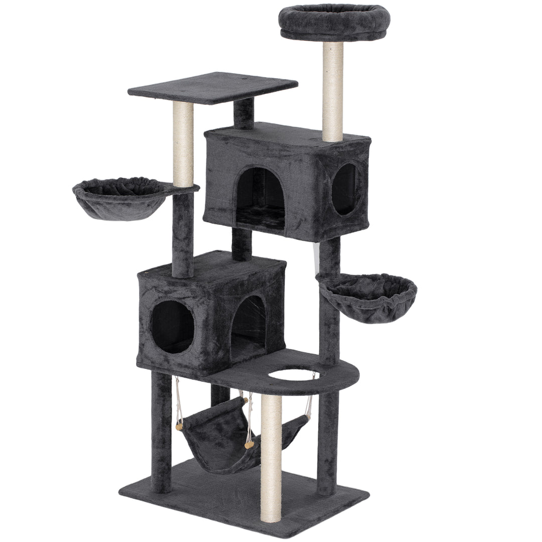 PawHut 66 Inch Large Cat Tree with 2 Door Condos, 3 Big Hammocks, Plush Top Perch, Sisal Scratching Posts, Light Grey