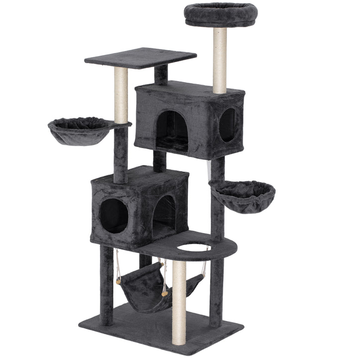 PawHut 66 Inch Large Cat Tree with 2 Door Condos, 3 Big Hammocks, Plush Top Perch, Sisal Scratching Posts, Light Grey