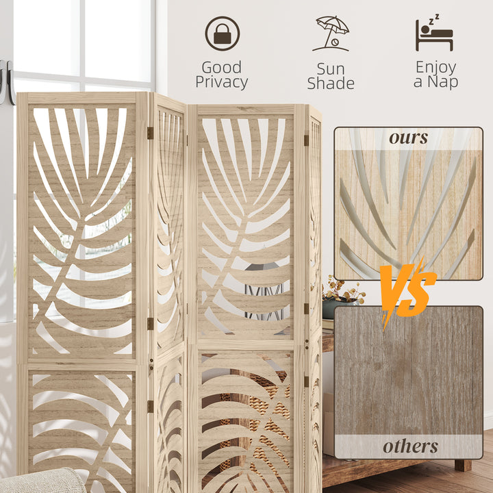 HOMCOM 4 Panel Room Divider, Detachable Folding Privacy Screens with Palm Leaf Design for Home Office, Natural Wood Finish