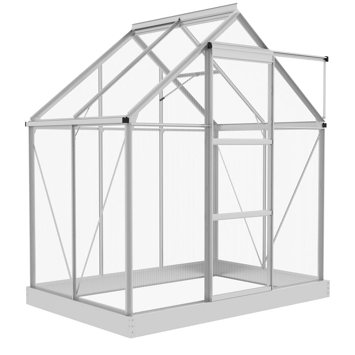 Outsunny 6' x 4' Walk-In Greenhouse, Polycarbonate Greenhouse with Sliding Door, Window, Aluminium Frame, Foundation, Silver