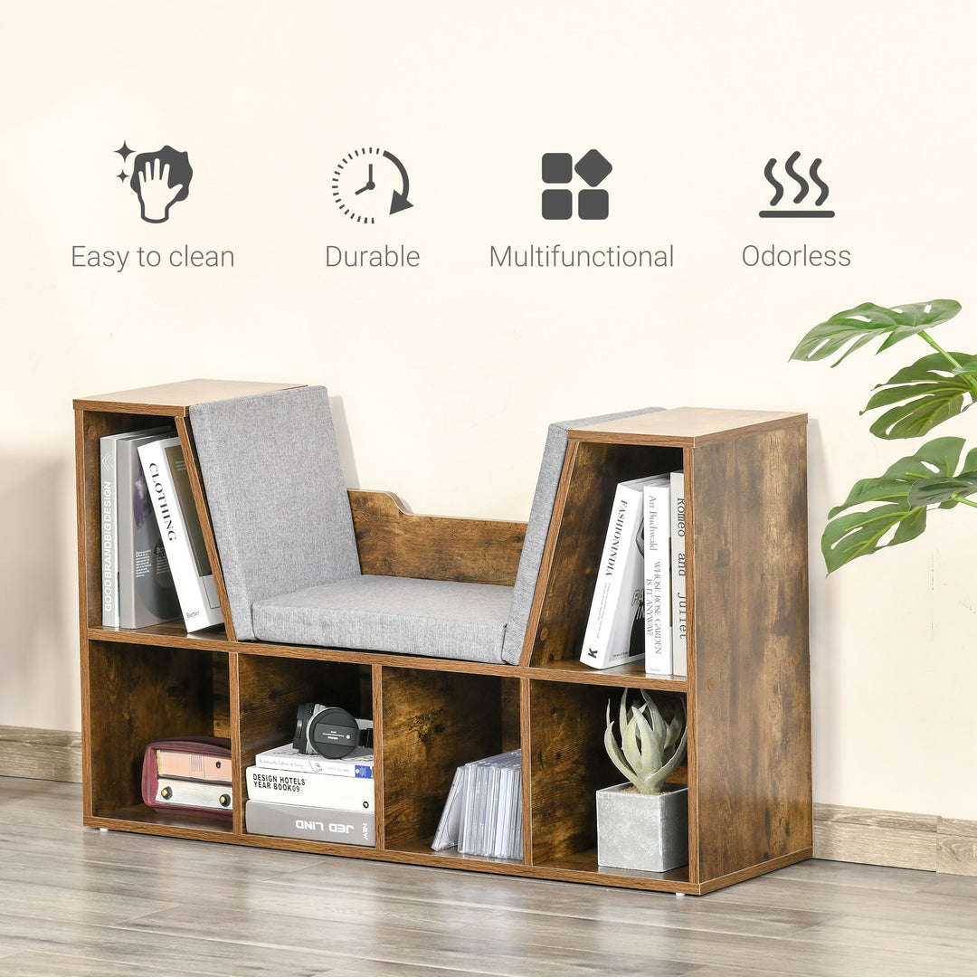 HOMCOM 6-Cubby Bookcase with Seat Cushion, Cube Storage Shelf with Reading Nook for Home Office, Study, Rustic Brown