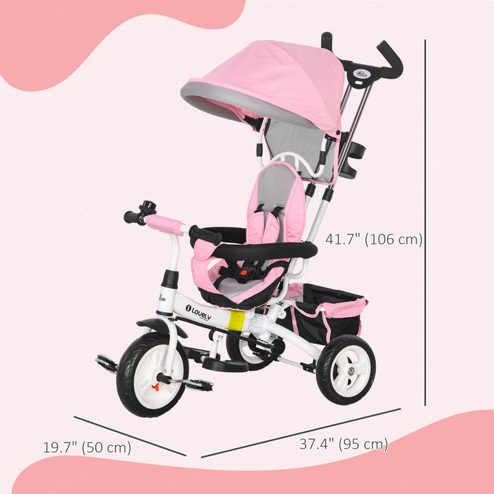 Qaba 6 in 1 Toddler Tricycle Stroller with Basket, Canopy, 5-point Safety Harness, for 12-60 Months, Pink