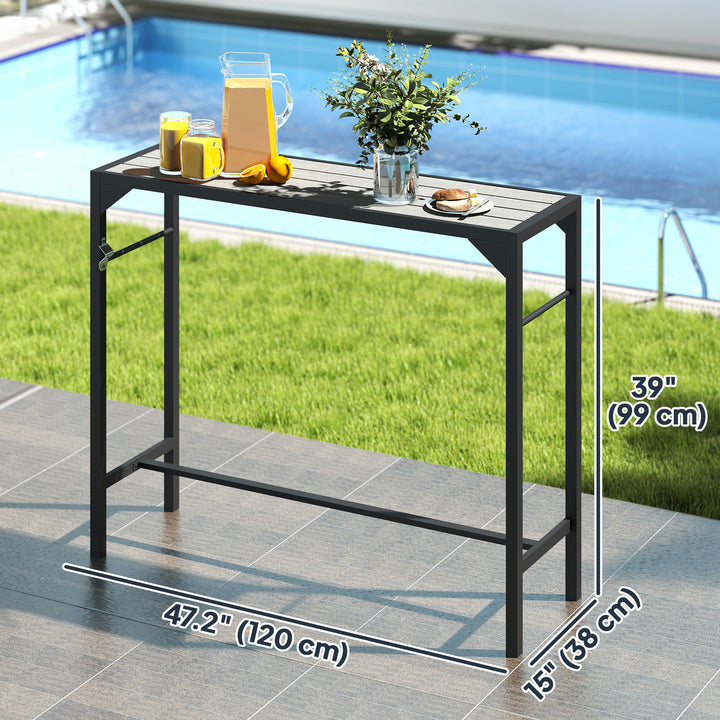 Outsunny Bar Height Outdoor Table with Built-In Bottle Opener, Patio Bar Table with Wood Grain Plastic Top, 47.2" x 15" x 39