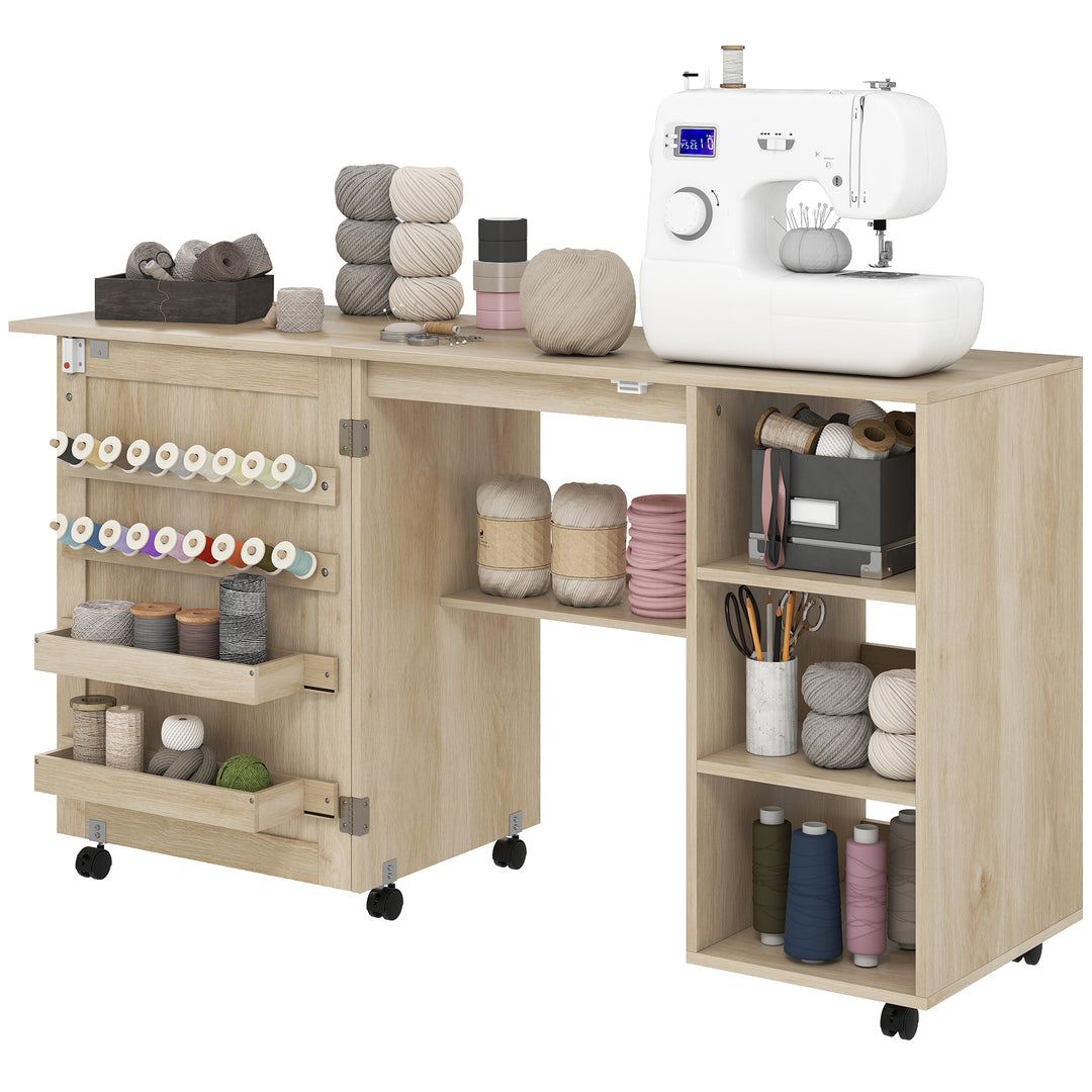 HOMCOM Sewing Machine Table with Drop Leaf, Folding Craft Table Rattan Door and Storage Shelves for Small Spaces, Natural