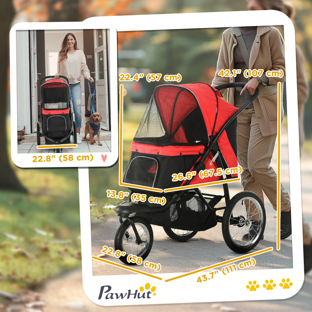 PawHut 3 Big Wheels Pet Stroller for Small, Medium Dogs, Cat Stroller Travel Folding Carrier with Adjustable Canopy, Red