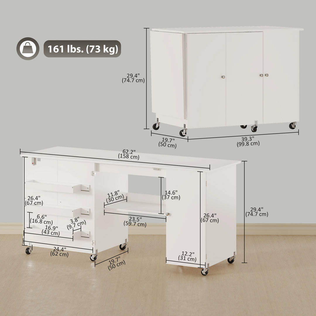 HOMCOM Sewing Machine Table with Drop Leaf, Folding Craft Table with 2 Doors and Adjustable Shelf for Small Spaces, Natural