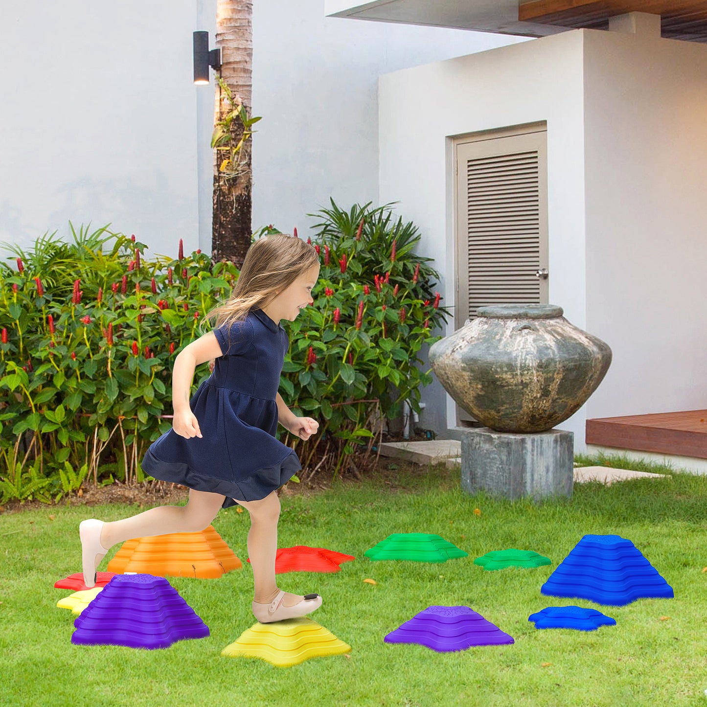 Outsunny 11PCs Larger Size Balance Stepping Stones for Kids with Non-slip Bottom, Stackable Obstacle Course Outdoor Indoor, Play River Rocks with Starfish Style