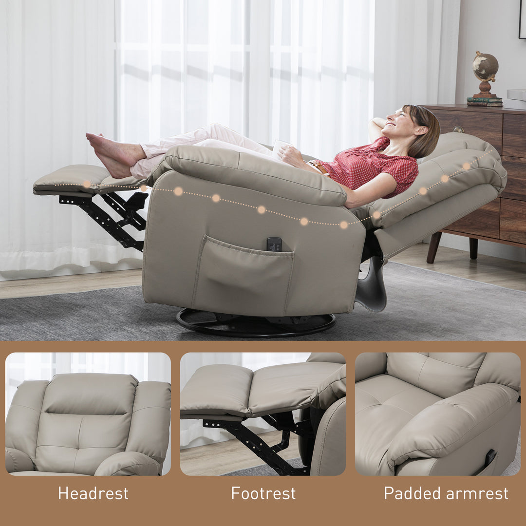 HOMCOM 8-Point Vibration Massage Recliner Chair for Living Room, PU Leather 360° Swivel Manual Reclining Sofa Rocking Chair with Remote Control, Side Pockets, Grey