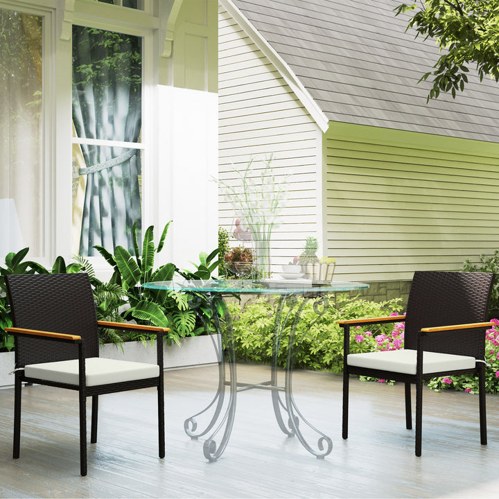 Outsunny Stackable Wicker Patio Chairs Set of 2 with Removable Cushion, Armrest for Garden, Porch, Yard, Cream White