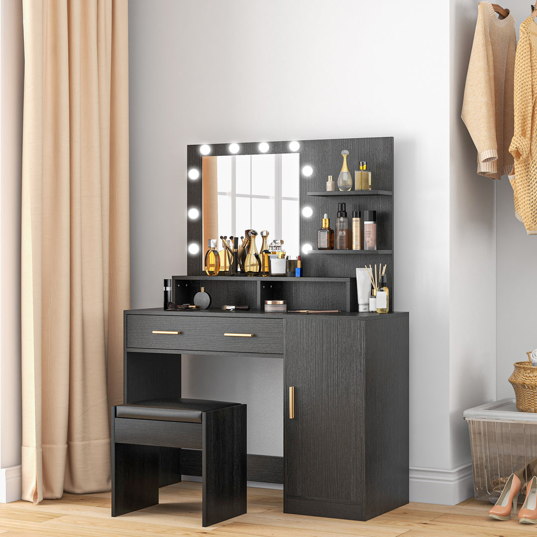 HOMCOM Illuminated Dressing Table Set, LED Vanity Table Set with Stool, LED Mirror, Drawer and Cabinet Shelves for Bedroom