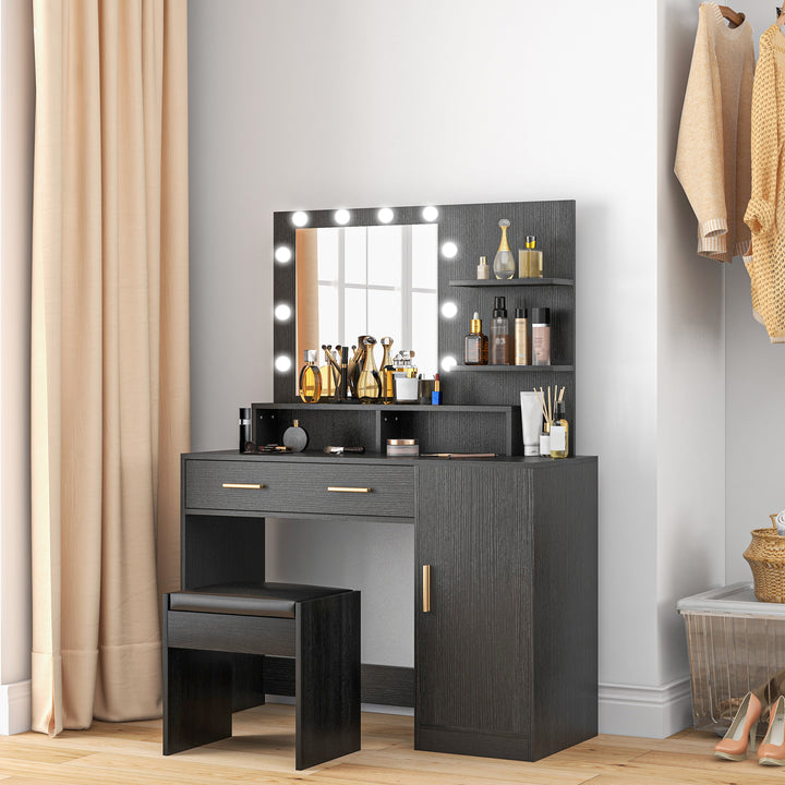 HOMCOM Illuminated Dressing Table Set, LED Vanity Table Set with Stool, LED Mirror, Drawer and Cabinet Shelves for Bedroom