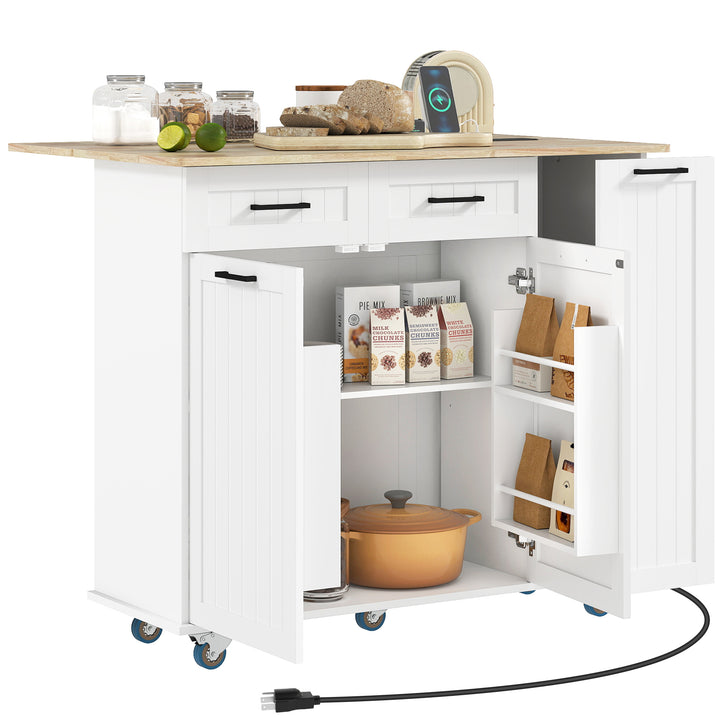 HOMCOM Kitchen Island on Wheels with Wood Drop Leaf, Charging Station, Rolling Kitchen Cart with Adjustable Shelf, White