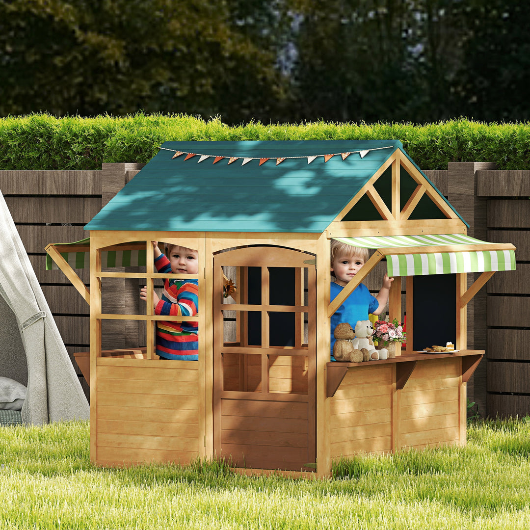 Qaba Wooden Foldable Outdoor Playhouse for Kids Ages 3-8, Snack Bars, Working Door, Rain Covers, Blackboards, Brown