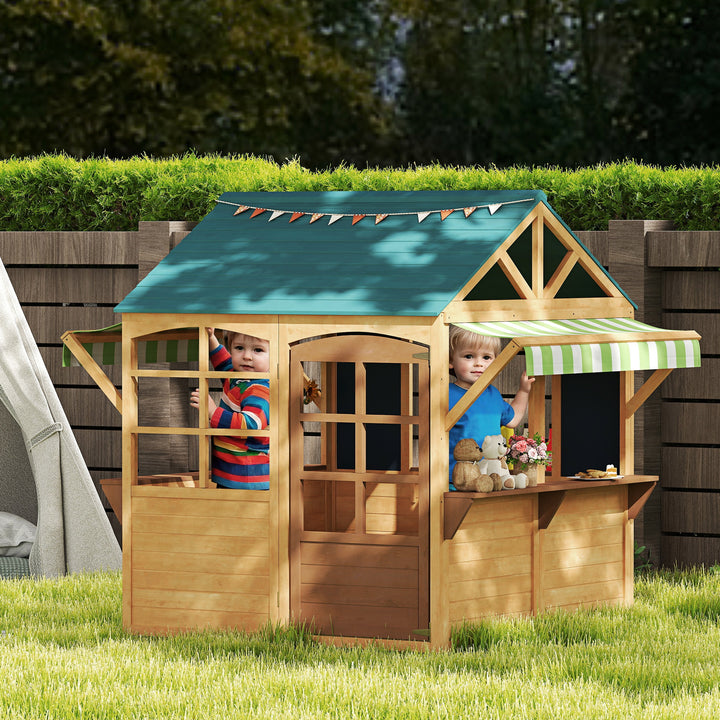 Qaba Wooden Foldable Outdoor Playhouse for Kids Ages 3-8, Snack Bars, Working Door, Rain Covers, Blackboards, Brown
