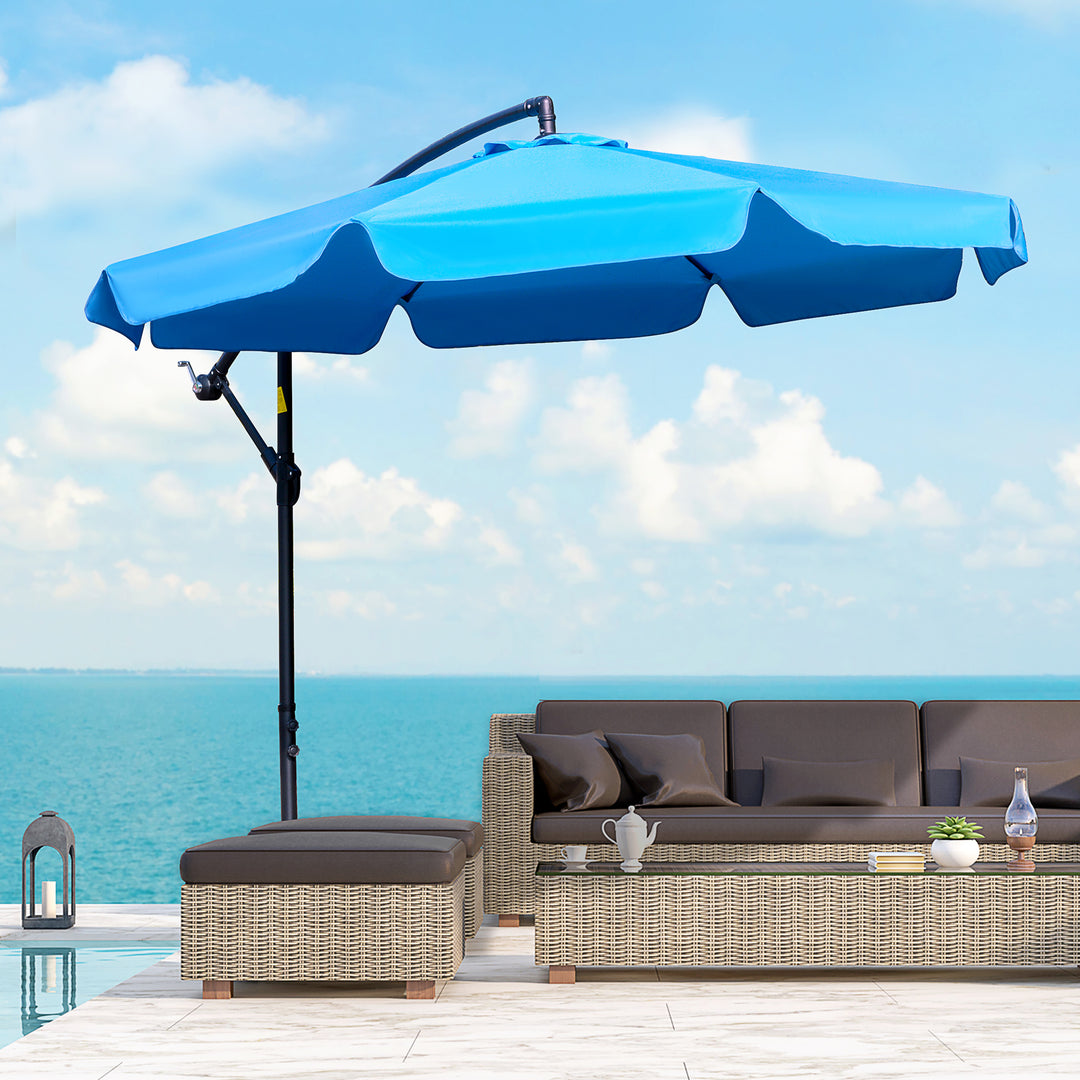 Outsunny 9FT Offset Hanging Patio Umbrella Cantilever Umbrella with Easy Tilt Adjustment, Cross Base and 8 Ribs for Backyard, Poolside, Lawn and Garden, White