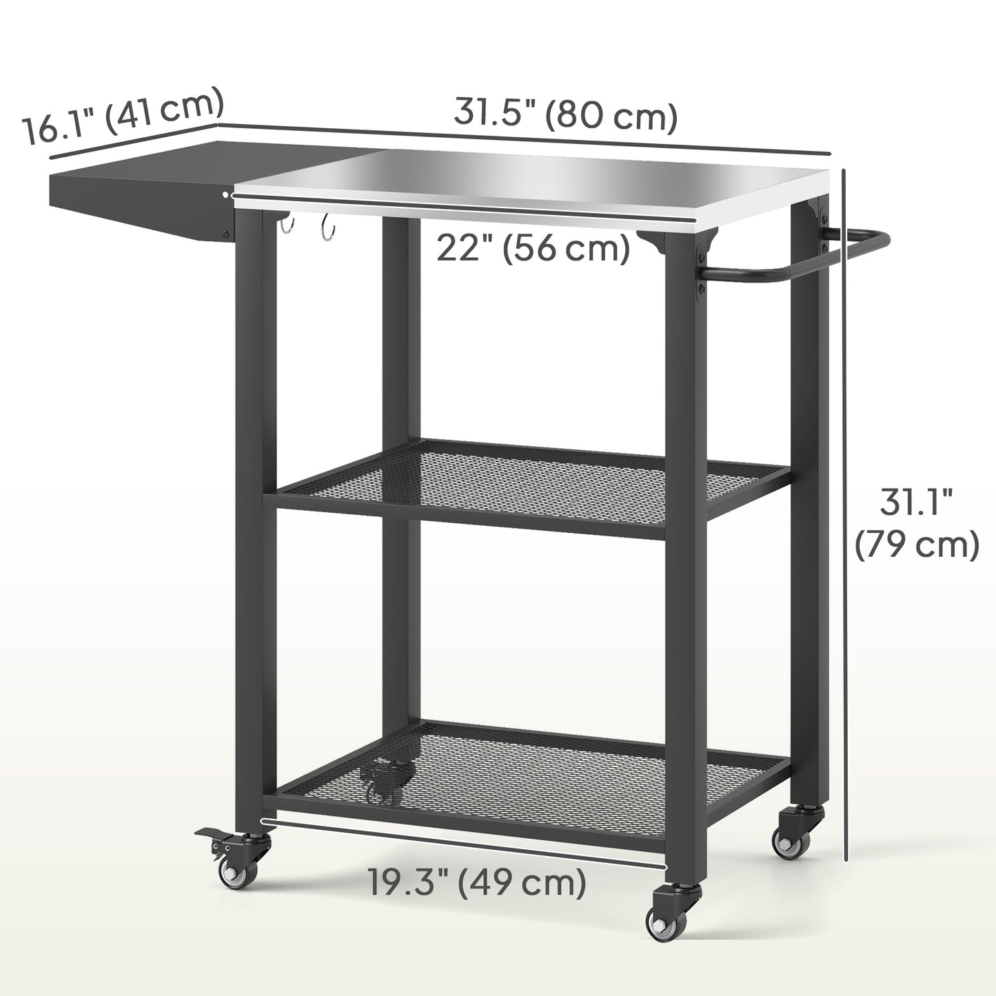 Outsunny 3-Shelf Outdoor Grill Cart Table with Foldable Side Table and Stainless Steel Table Top, Pizza Oven Stand on Wheels