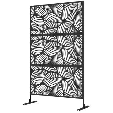 Outsunny 6.5FT Decorative Outdoor Divider, Metal Privacy Screen with Stand, Leaf Style, Black