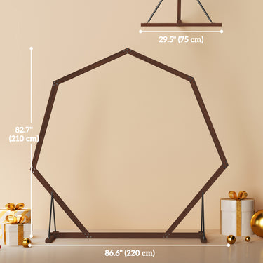 Outsunny 7FT Heptagon Wooden Wedding Arch with Triangular Base, Ground Stakes for Ceremony, Garden, Birthday, Brown