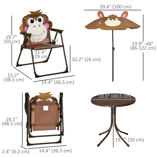 Outsunny Kids Folding Picnic Table and Chair Set Pattern Outdoor Garden Patio Backyard with Removable & Height Adjustable Sun Umbrella Brown